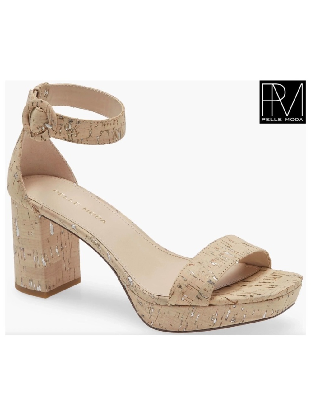 PELLE MODA NIB AMARI WHITE WASHED CORK LEATHER PLATFORM BLOCK HEEL SANDAL. SZ 9M